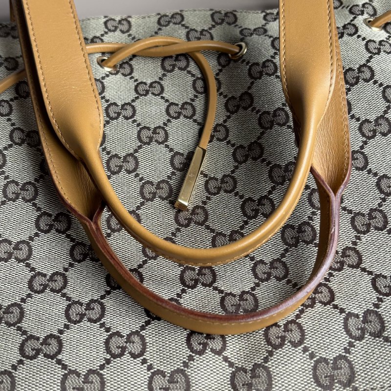 ::GUCCI:: 米色烏木色GG帆布拼接焦糖色牛皮金釦肩背包 手提包 托特包-8