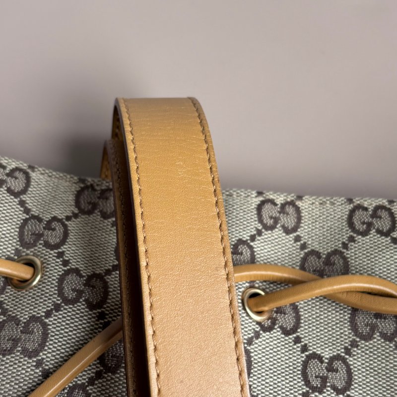 ::GUCCI:: 米色烏木色GG帆布拼接焦糖色牛皮金釦肩背包 手提包 托特包-10