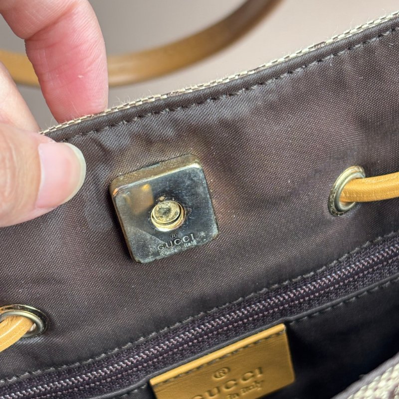 ::GUCCI:: 米色烏木色GG帆布拼接焦糖色牛皮金釦肩背包 手提包 托特包-24