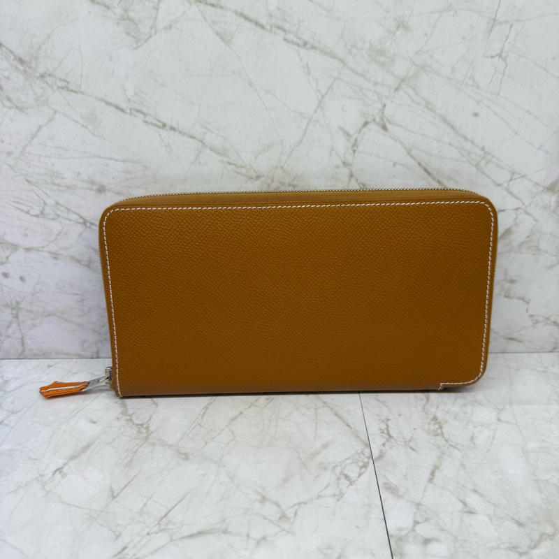 HERMES金棕色白車線橘絲巾ㄇ型拉鏈長夾 框O-0