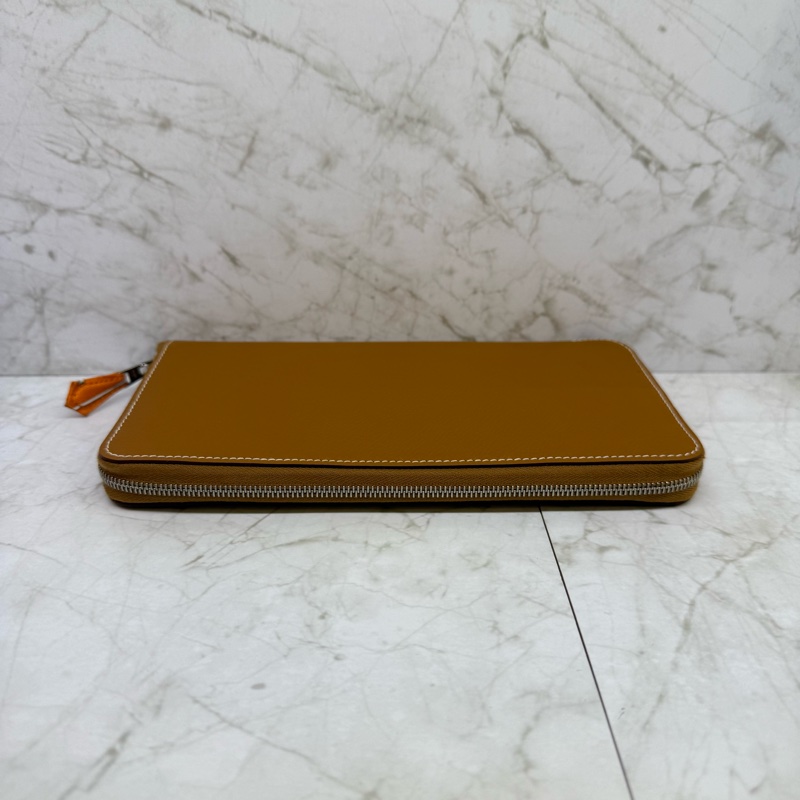 HERMES金棕色白車線橘絲巾ㄇ型拉鏈長夾 框O-5