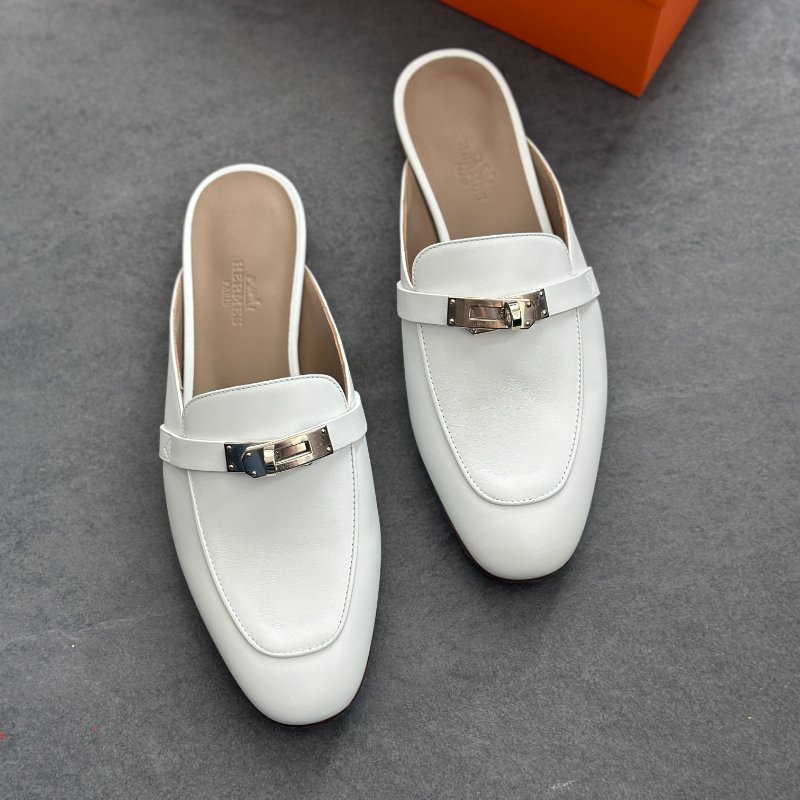 全新🤍 Hermès 愛馬仕 白色銀釦穆勒鞋-1