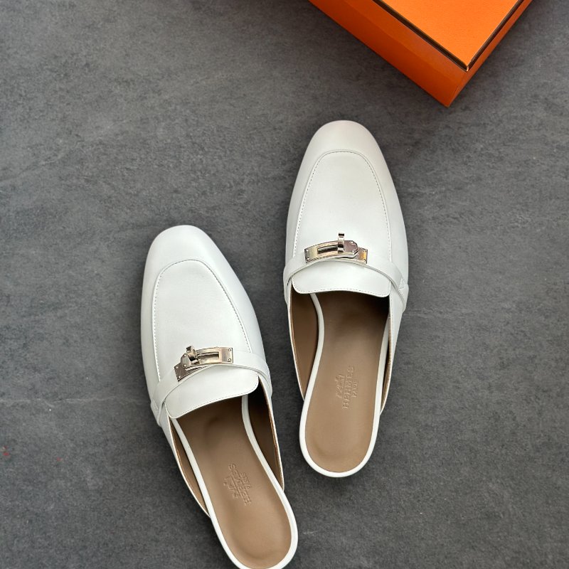 全新🤍 Hermès 愛馬仕 白色銀釦穆勒鞋-2