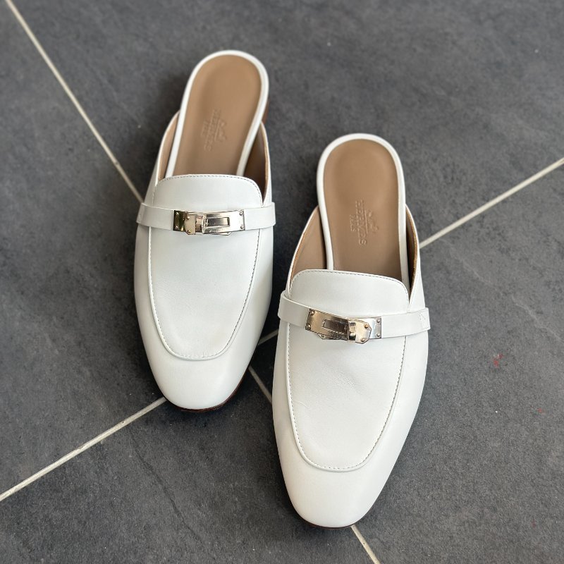 全新🤍 Hermès 愛馬仕 白色銀釦穆勒鞋-3