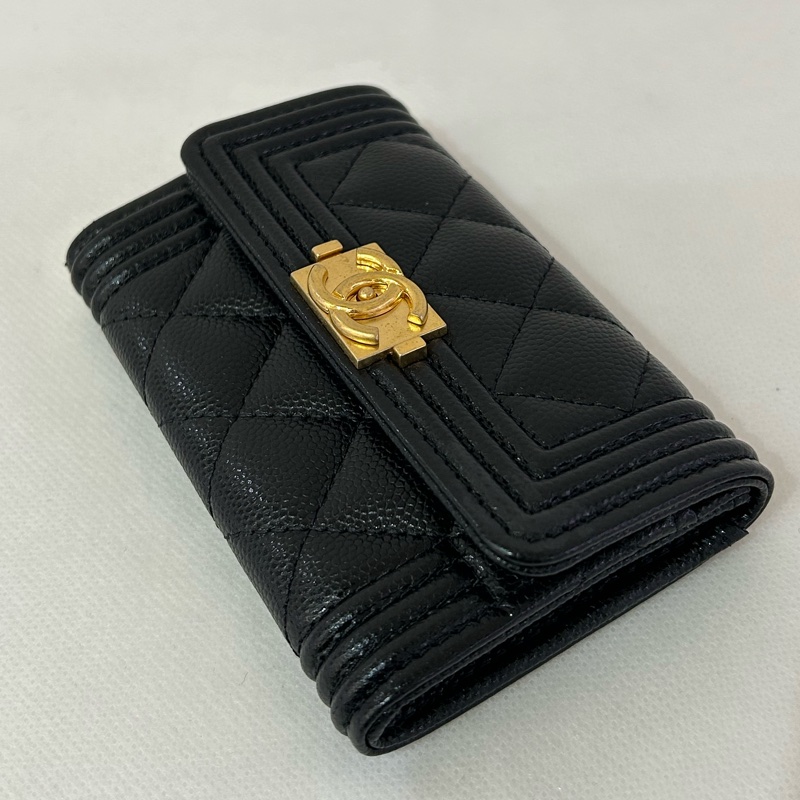 CHANEL黑荔枝菱格BOY霧金二折釦卡包-5