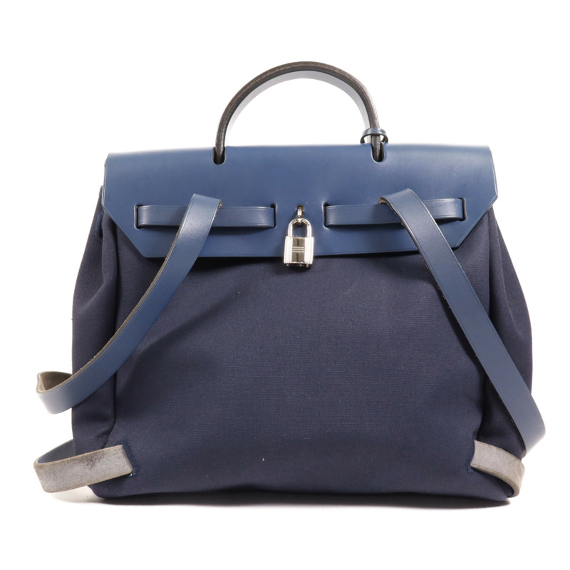HERMES 帆布/皮革Herbag Backpack銀扣背包Navy-1
