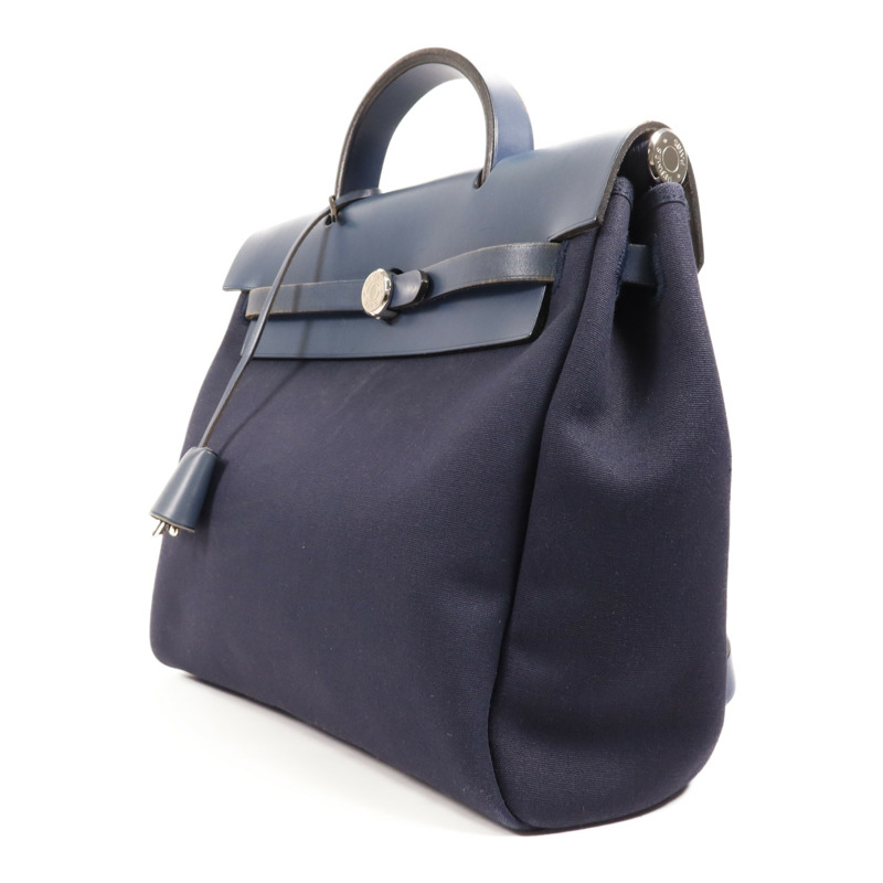 HERMES 帆布/皮革Herbag Backpack銀扣背包Navy-2