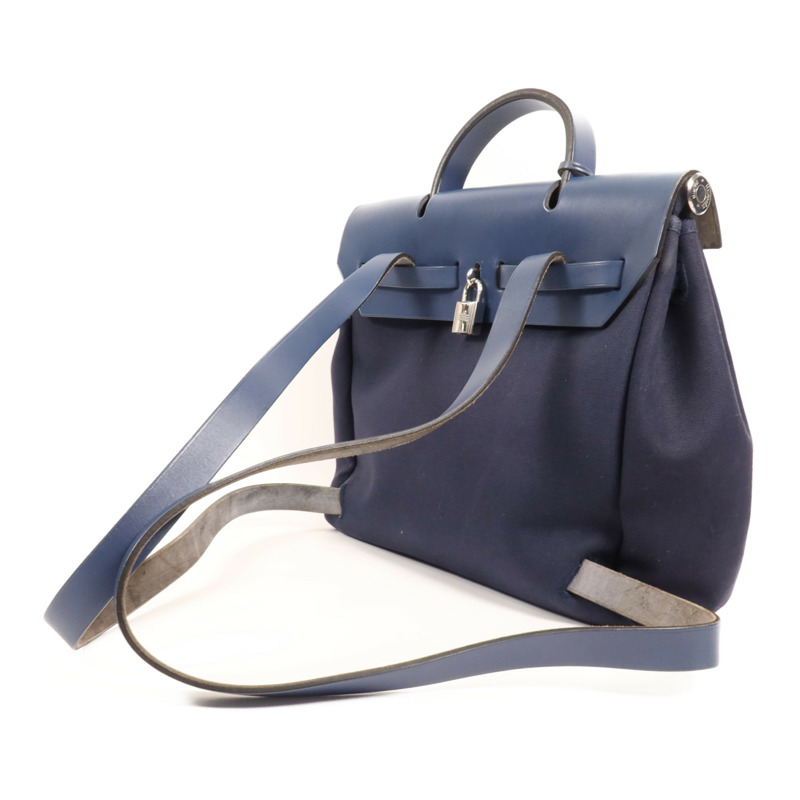 HERMES 帆布/皮革Herbag Backpack銀扣背包Navy-4