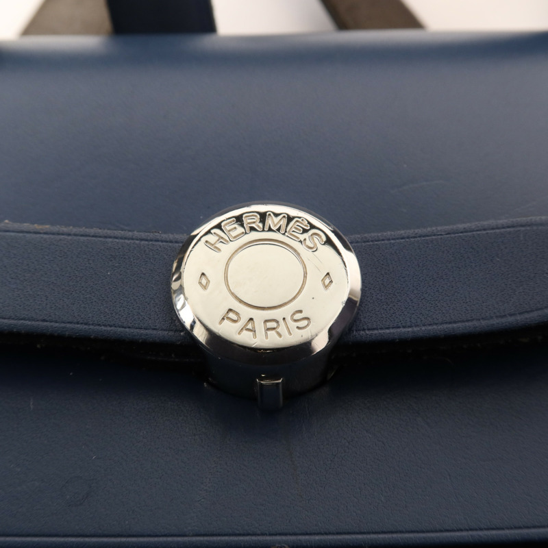 HERMES 帆布/皮革Herbag Backpack銀扣背包Navy-5