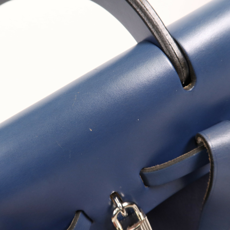 HERMES 帆布/皮革Herbag Backpack銀扣背包Navy-17