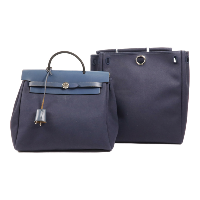 HERMES 帆布/皮革Herbag Backpack銀扣背包Navy-21