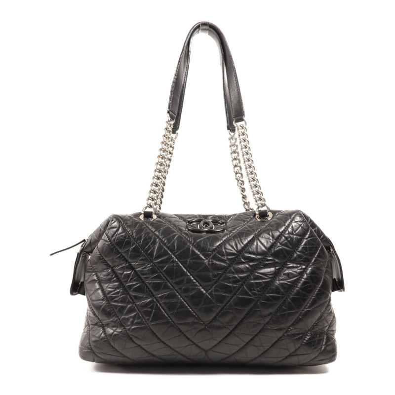 CHANEL 牛皮皮革Tote Bag銀扣肩背袋-0