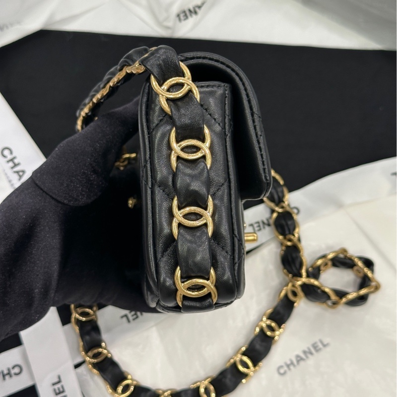 香奈兒 Chanel 24k hobo 黑金 腋下包 羊皮 雙c寬肩帶-5