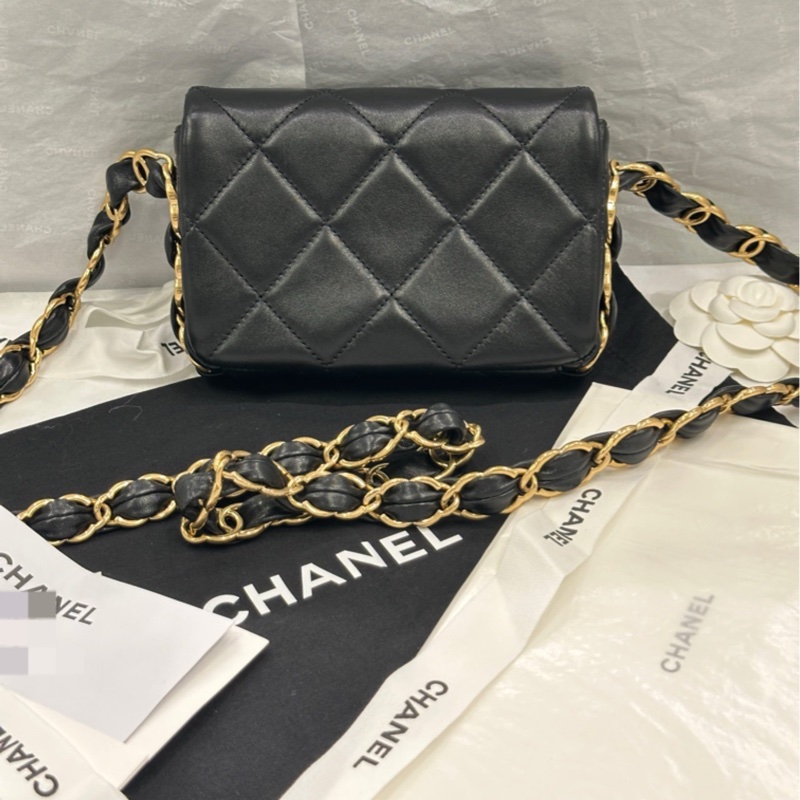 香奈兒 Chanel 24k hobo 黑金 腋下包 羊皮 雙c寬肩帶-6