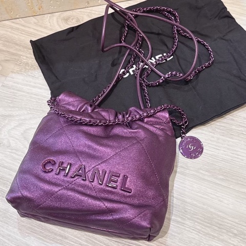 CHANEL mini 22 金屬紫色鏈條小包 芯片款