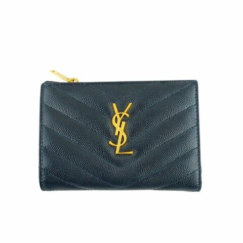 YSL Saint Laurent 聖羅蘭 金扣魚子醬牛皮對開短夾 皮夾