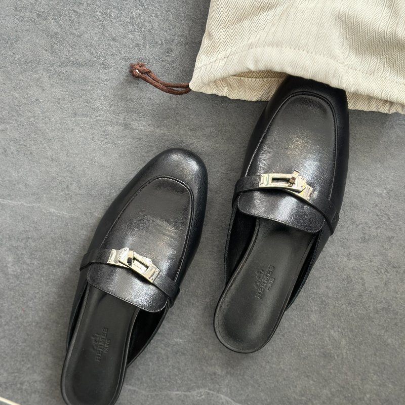 全新🖤 Hermes 愛馬仕 黑色銀釦穆勒鞋-1