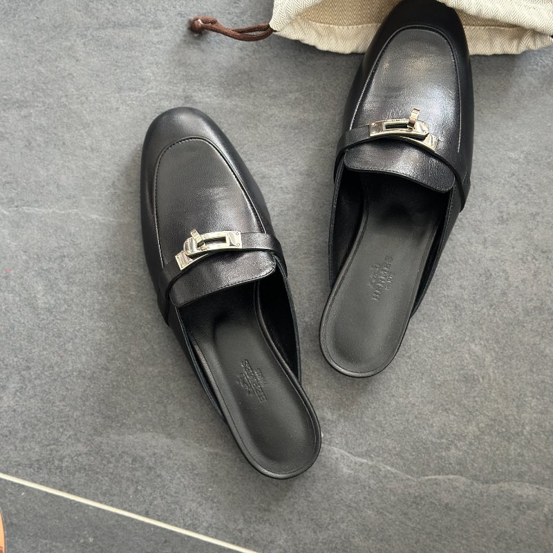 全新🖤 Hermes 愛馬仕 黑色銀釦穆勒鞋-2
