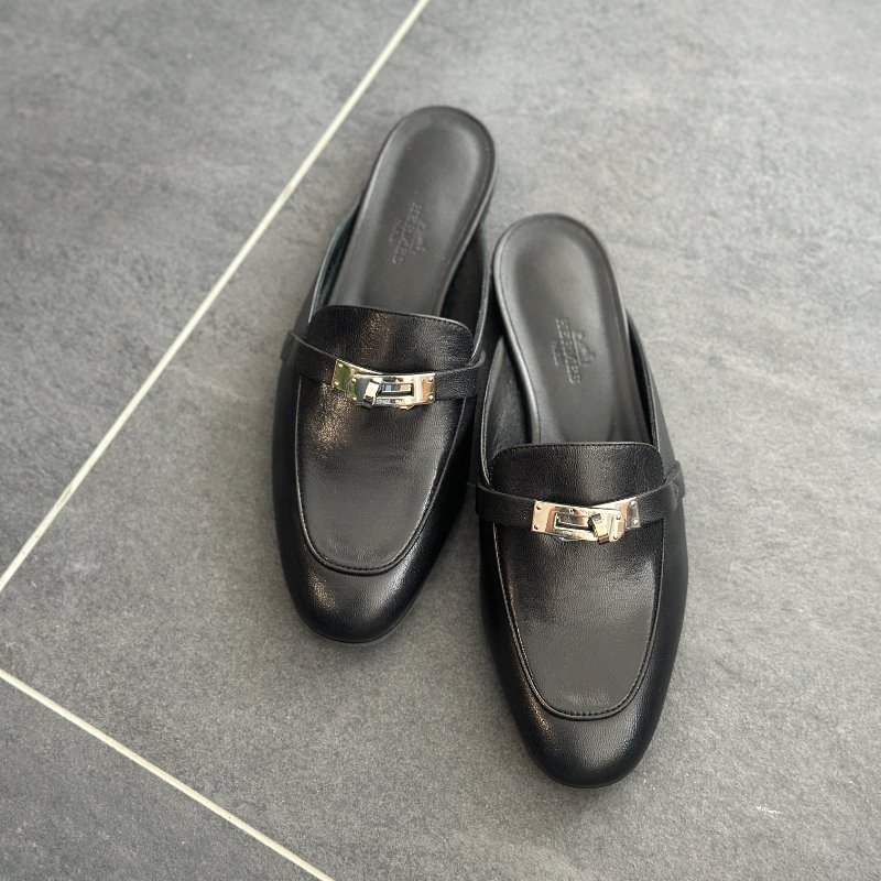 全新🖤 Hermes 愛馬仕 黑色銀釦穆勒鞋-4