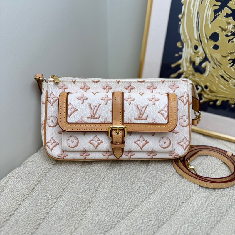 Lv路易威登 Maxi Multi Pochette 金色搭扣鏈條徽標 五合一包腋下包手提單肩斜挎包 米黃色-0