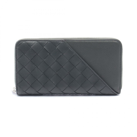 BOTTEGA VENETA Intrecciato Diagonal Around 長版皮夾 皮革 黑色 二手 BV