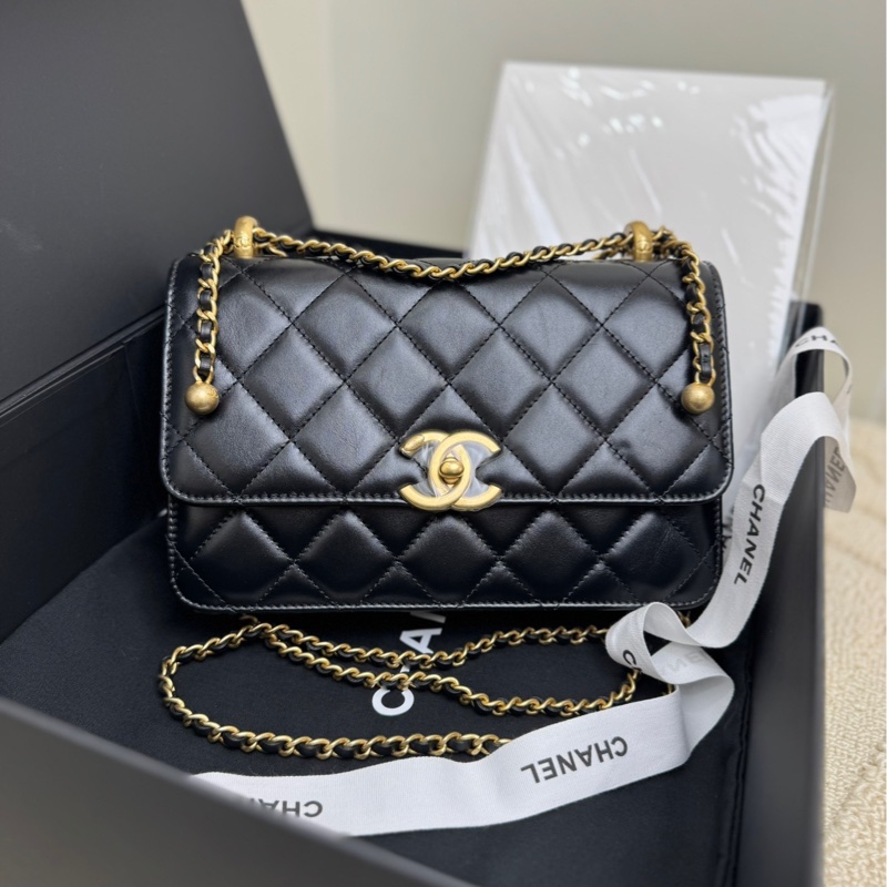 香奈兒Chanel 24C雙金珠金球鏈條包 黑色牛皮金扣-1