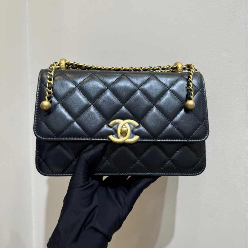 香奈兒Chanel 24C雙金珠金球鏈條包 黑色牛皮金扣-2