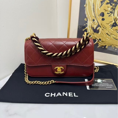 Chanel香奈兒 cf孟買系列大都會風琴包中號 暗紅做舊油蠟皮金扣絲絨金屬編織鏈條手柄 復古感滿滿