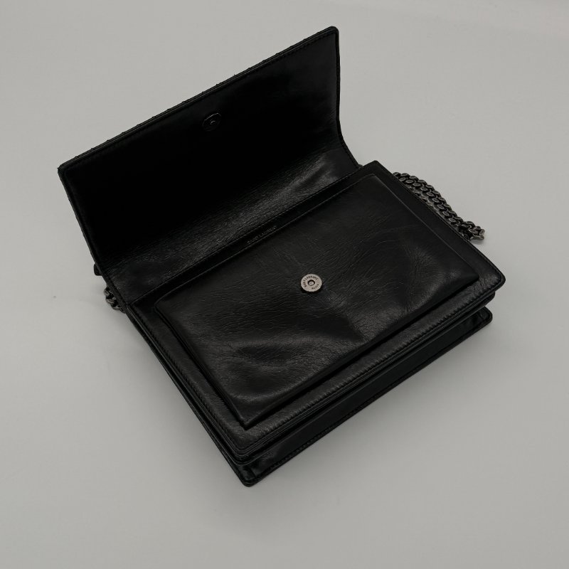 SAINT LAURENT 聖羅蘭 Sunset 中號 黑色 做舊牛皮 做舊銀扣 山形紋 鏈條包 單肩包 斜背包-9