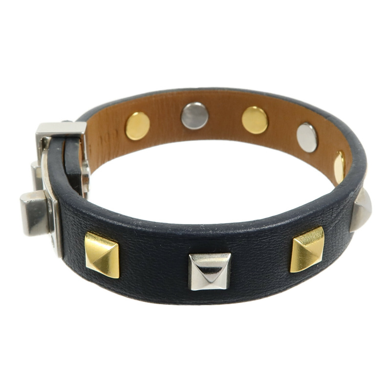 HERMES 金屬/Swift皮革Mini Dog Clous Ronds Bracelet手鐲Noir-1