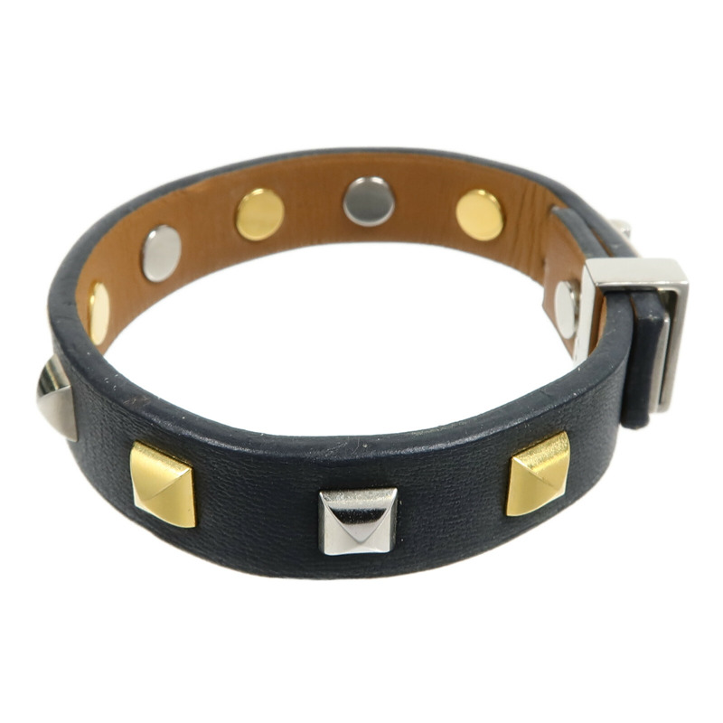 HERMES 金屬/Swift皮革Mini Dog Clous Ronds Bracelet手鐲Noir-3