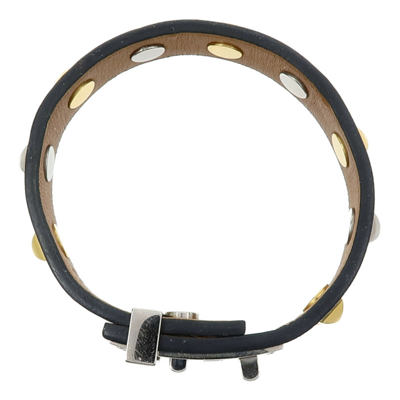 HERMES 金屬/Swift皮革Mini Dog Clous Ronds Bracelet手鐲Noir-4