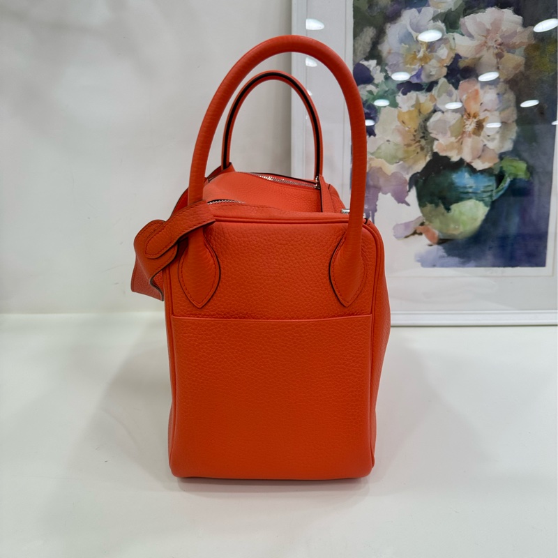 Hermes 愛馬仕 lindy 30 愛馬仕橙色雙拼銀扣 手提單肩包 A刻-3