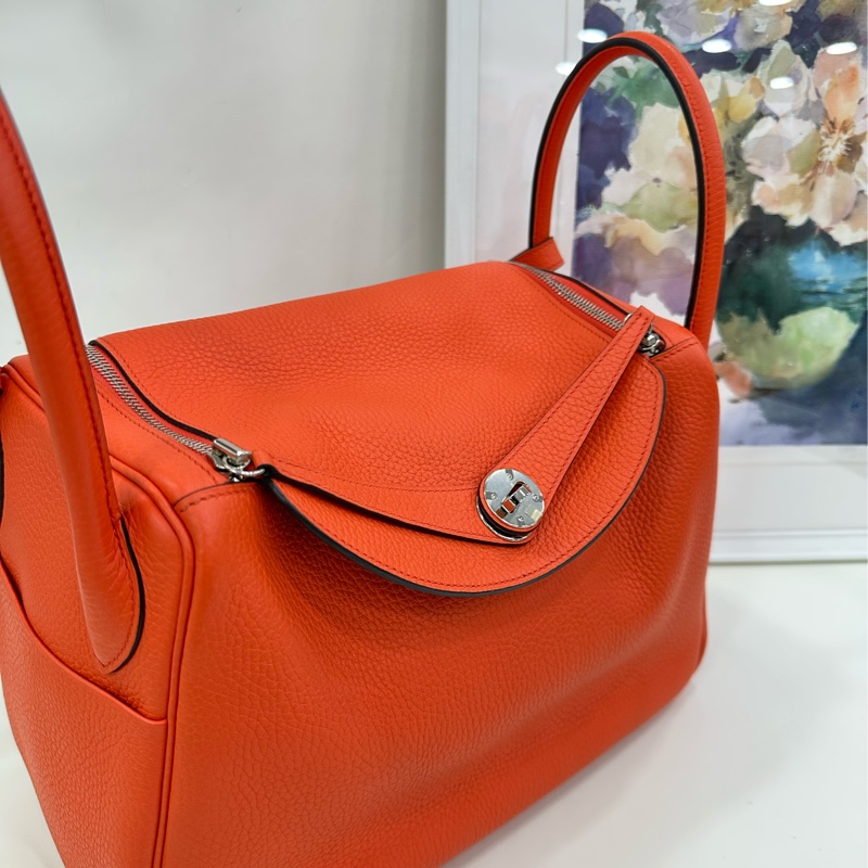 Hermes 愛馬仕 lindy 30 愛馬仕橙色雙拼銀扣 手提單肩包 A刻-5