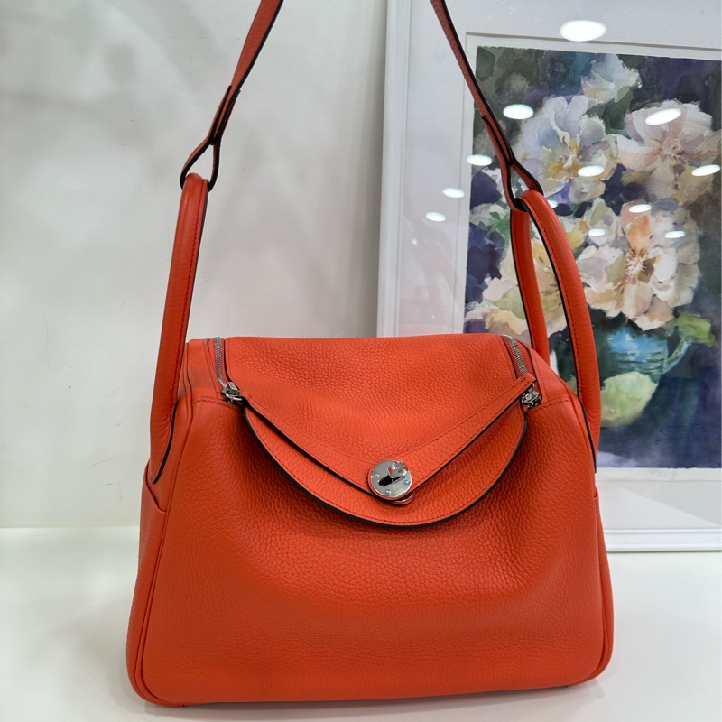Hermes 愛馬仕 lindy 30 愛馬仕橙色雙拼銀扣 手提單肩包 A刻-6