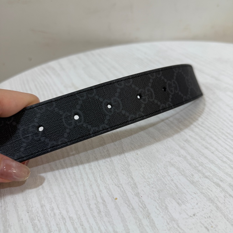 Gucci黑灰PVC拼黑牛皮銀釦雙面皮帶-3