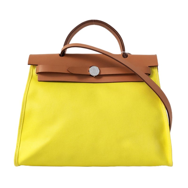 HERMÈS Herbag 31 糖果黃塗層帆布肩背包 手提包 銀色五金 Z刻 子袋可拆卸肩帶-0