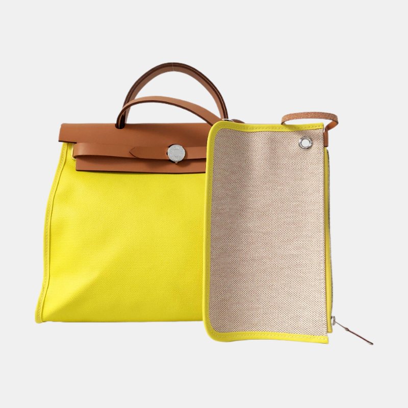 HERMÈS Herbag 31 糖果黃塗層帆布肩背包 手提包 銀色五金 Z刻 子袋可拆卸肩帶-7