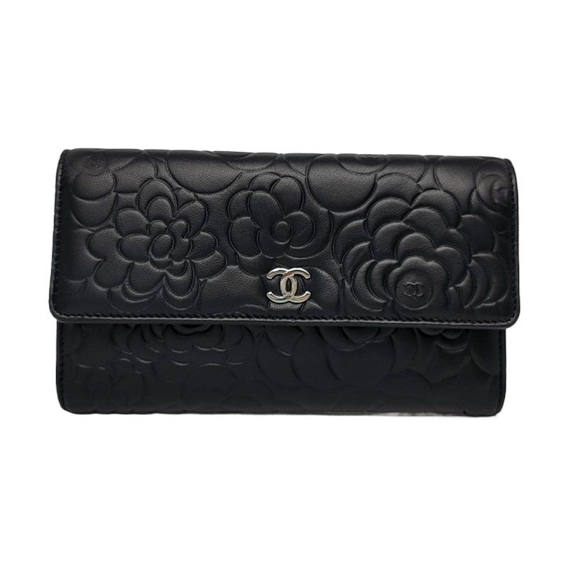 CHANEL 黑色牛皮壓紋錢包 銀包 長夾 銀色五金16開-0