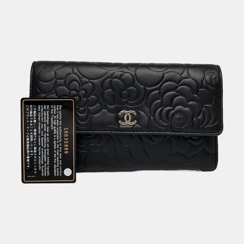 CHANEL 黑色牛皮壓紋錢包 銀包 長夾 銀色五金16開-7