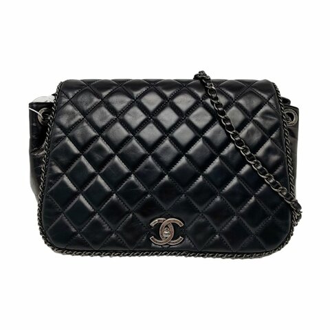 CHANEL 黑色牛皮菱格紋肩背包斜背包 釕色五金 21開