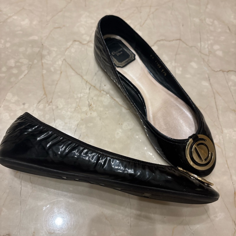 Dior 37.5 很軟的黑色皮革娃娃鞋/平底鞋-6