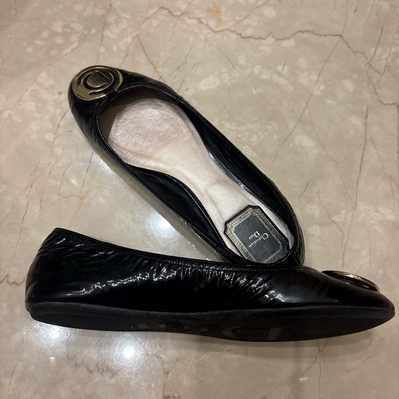 Dior 37.5 很軟的黑色皮革娃娃鞋/平底鞋-9