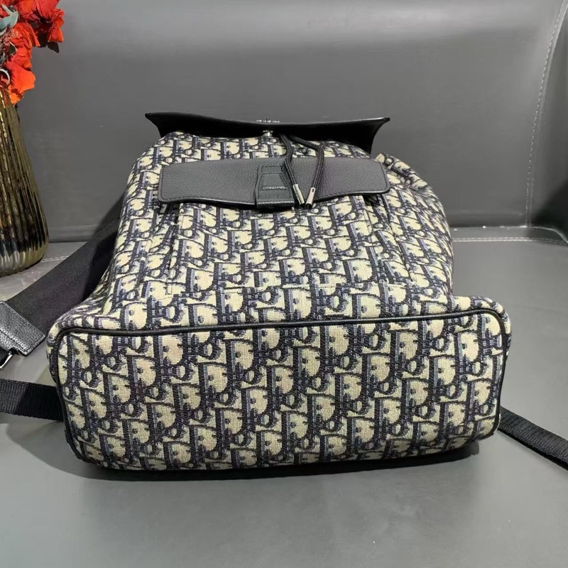 二手Diro/迪奧 Oblique藍色老花拼皮黑色滿印刺繡雙肩包,尺寸31*11*38-3