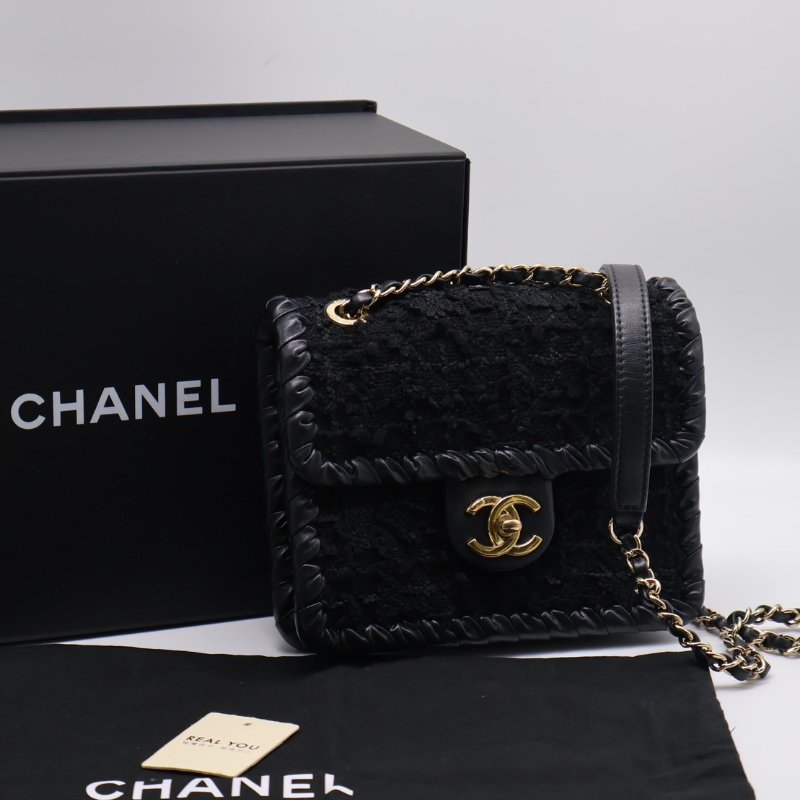 CHANEL 22C滾邊粗毛呢豆腐包 - 小號黑金-9