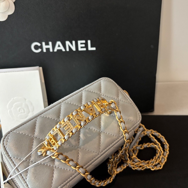 Chanel 香奈兒 珠光灰鏤空鑲鑽logo手柄 長盒子🩶 手提肩背斜背🉑-2