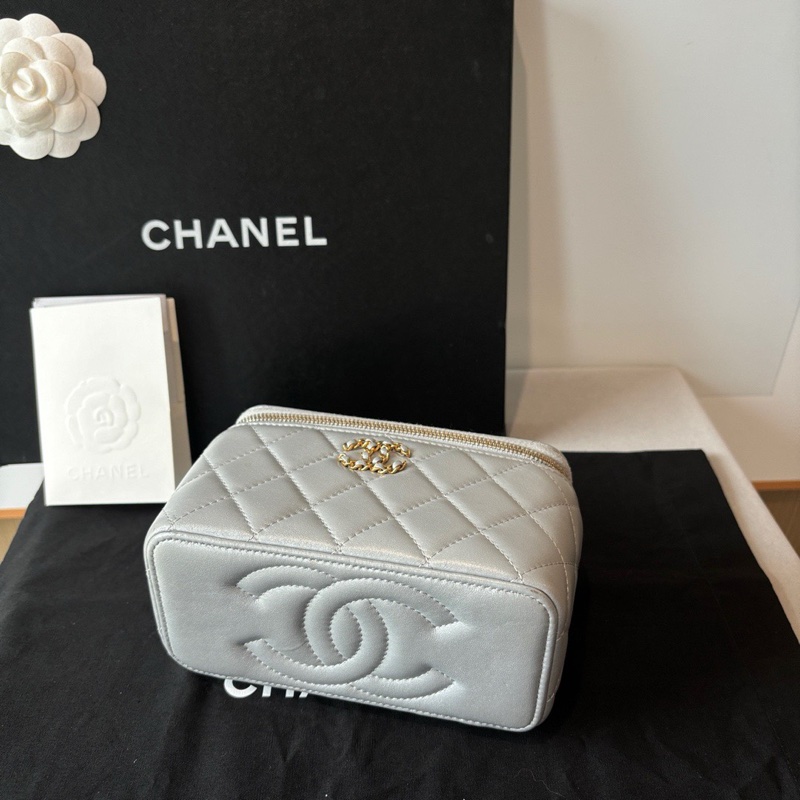 Chanel 香奈兒 珠光灰鏤空鑲鑽logo手柄 長盒子🩶 手提肩背斜背🉑-6