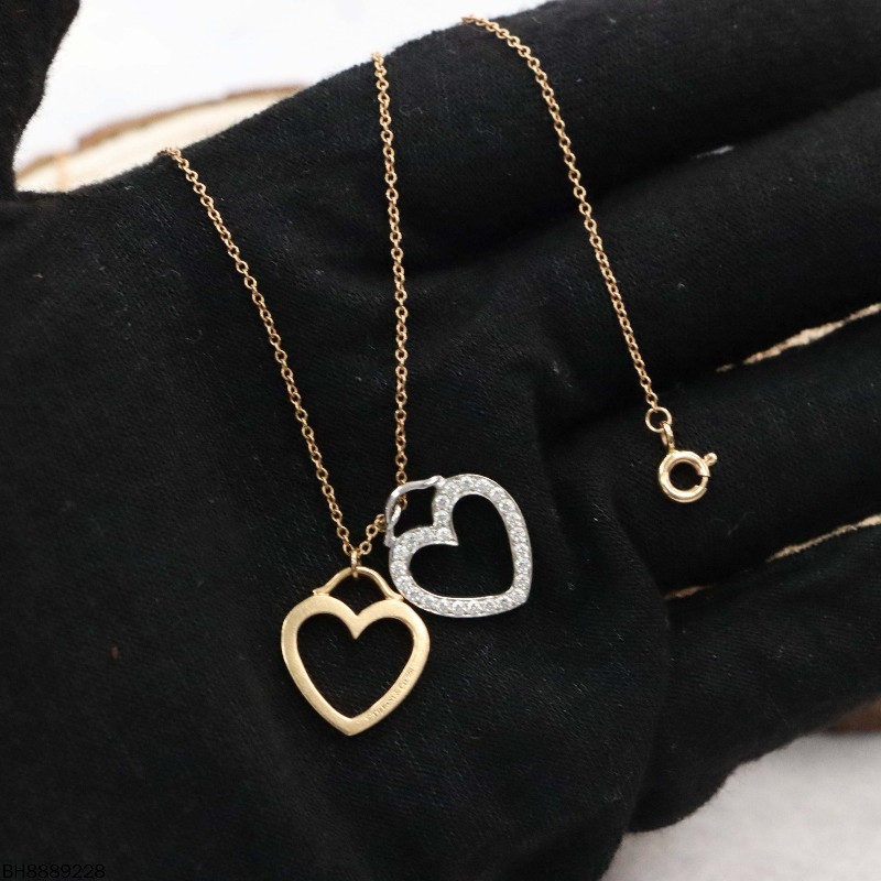 Tiffany & co 18K玫瑰金白金雙愛心吊墜鑲鑽項鍊 41cm-4