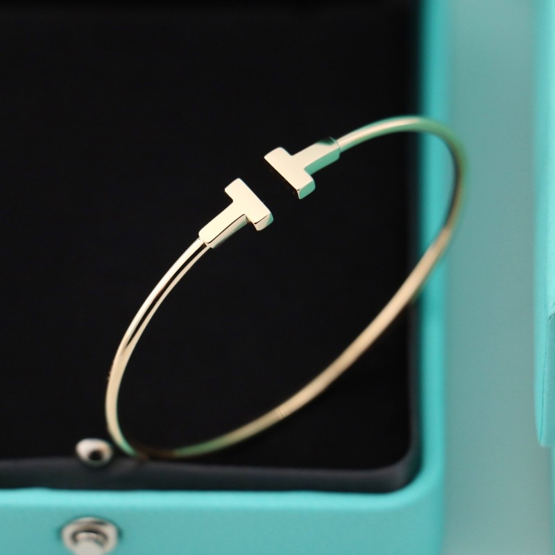 Tiffany蒂芙尼 黃金 雙t 無鑽 窄版 手鐲 S碼 有盒子-2