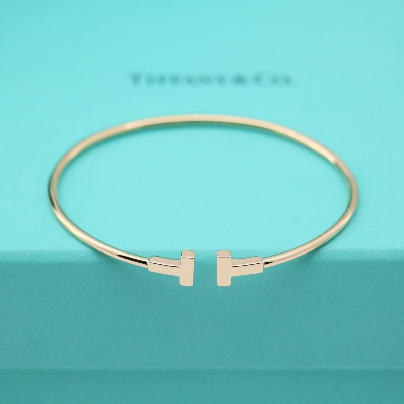 Tiffany蒂芙尼 黃金 雙t 無鑽 窄版 手鐲 S碼 有盒子-3